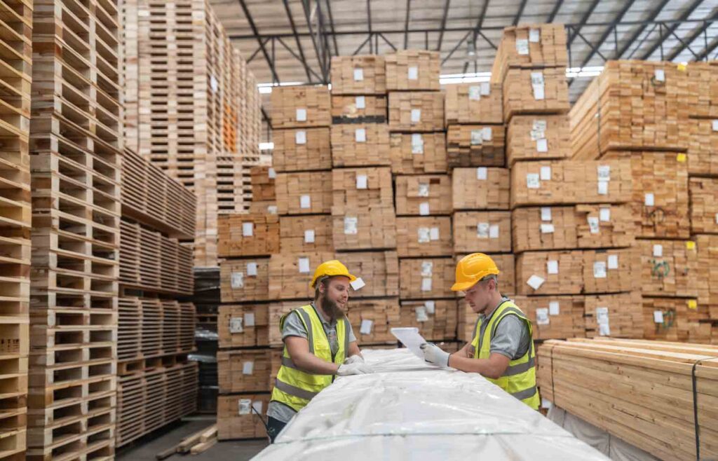 Dos trabajadores de almacén con cascos amarillos y chalecos de seguridad revisan documentos mientras inspeccionan un paquete, rodeados por altas pilas de madera y estibas.
